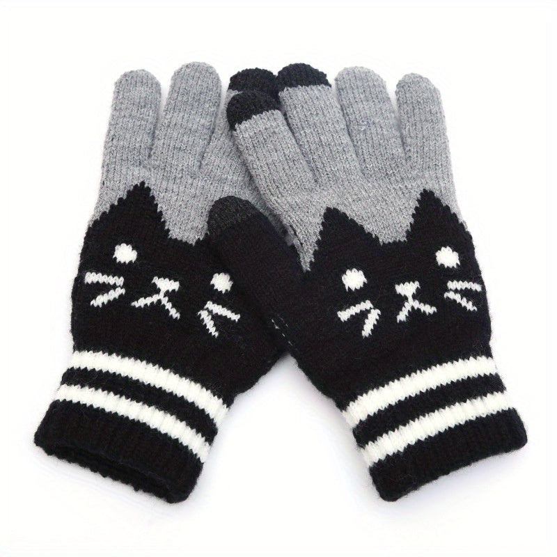 Women's Winter Touch Screen Gloves with Jacquard Cat Design and Warm Polyester