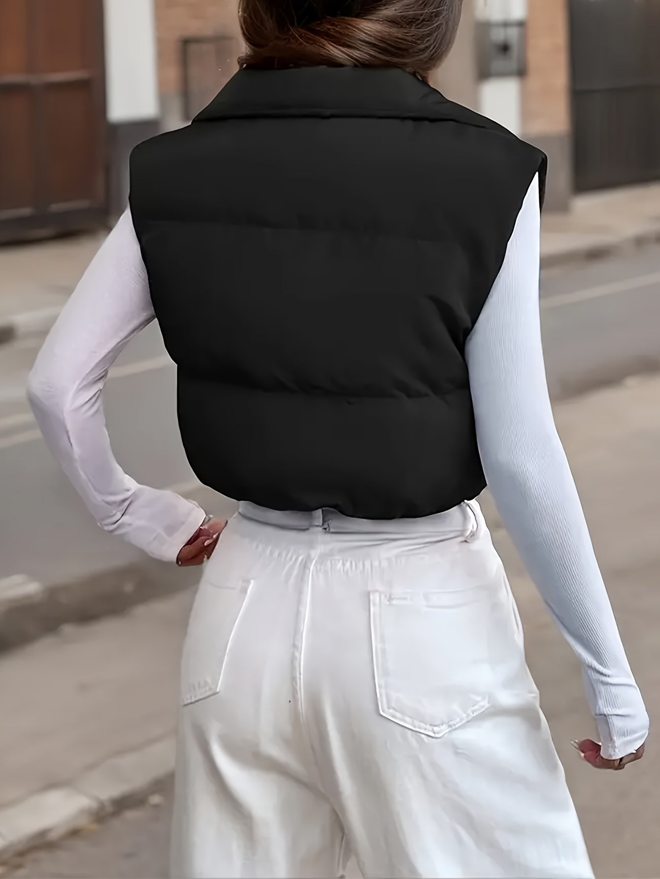 Women's Padded Vest with High Neck Drawstring Solid Polyester for Fall Winter