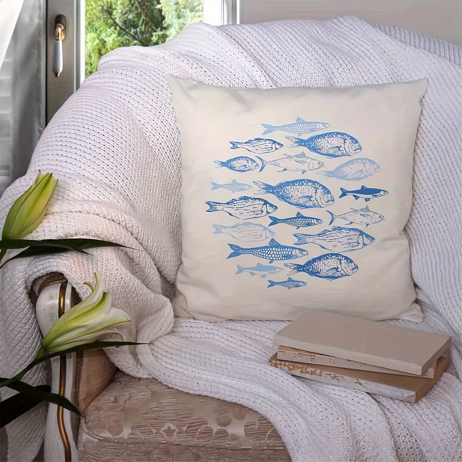 Blue Fish Sketch Linen Pillowcase Single-Sided Zip Closure for Sofa Bed Decor
