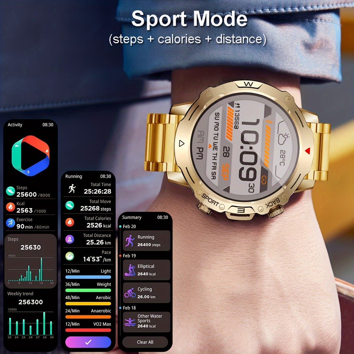 Men's Smartwatch Stainless Steel Band Fitness Tracker with Voice Call and Sports Modes