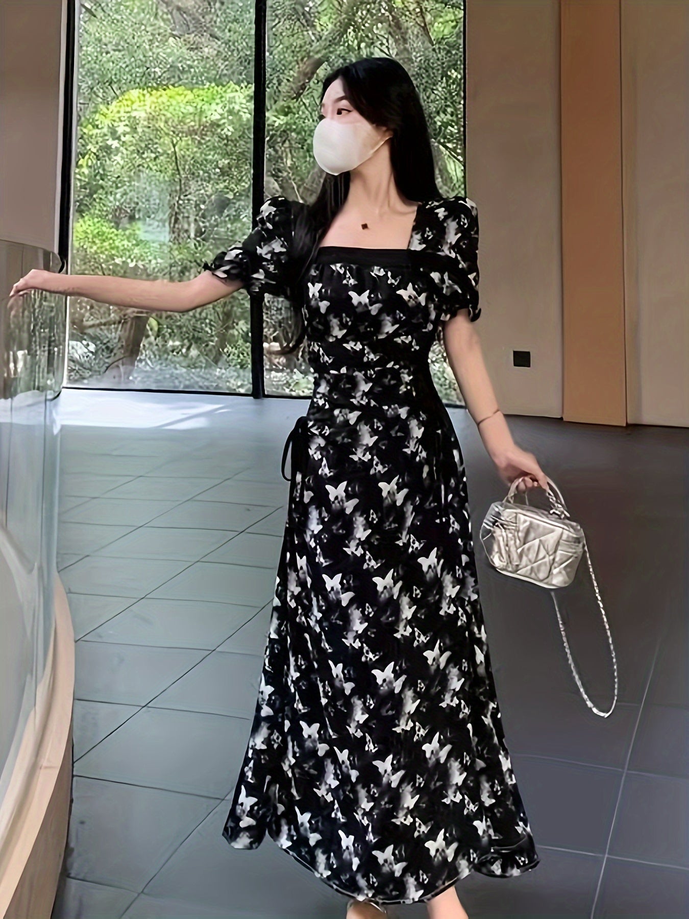 Women's Square Neck A-Line Dress with Butterfly Print Short Sleeves Ankle Length Spring Summer