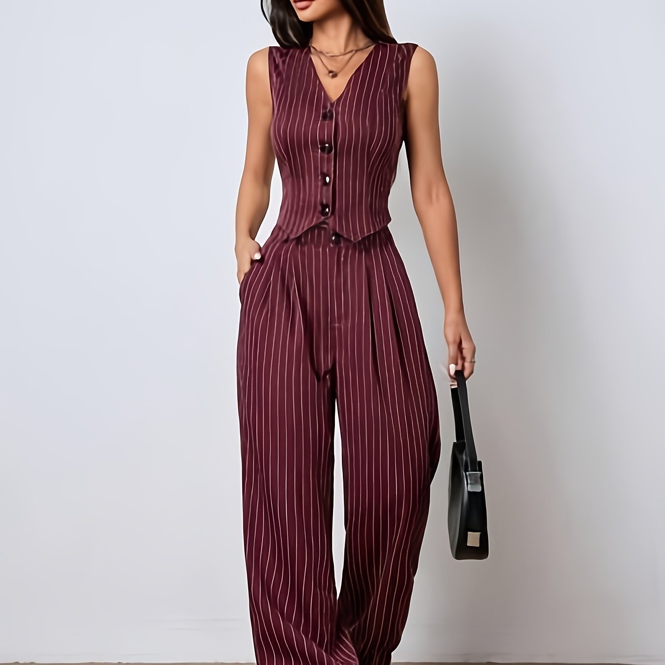 Women's Sleeveless Top and Pants Set Spring Autumn Stripes Polyester Micro Elasticity