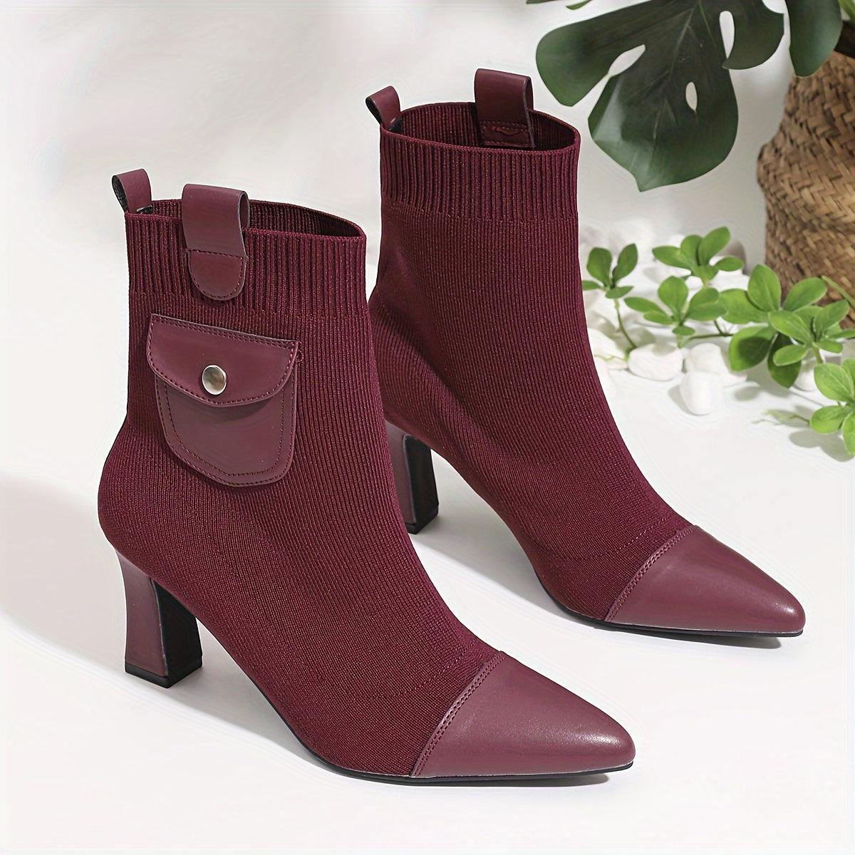 Women's Solid Color Pointed Toe High Heel Ankle Boots with Elastic and Thick Heels