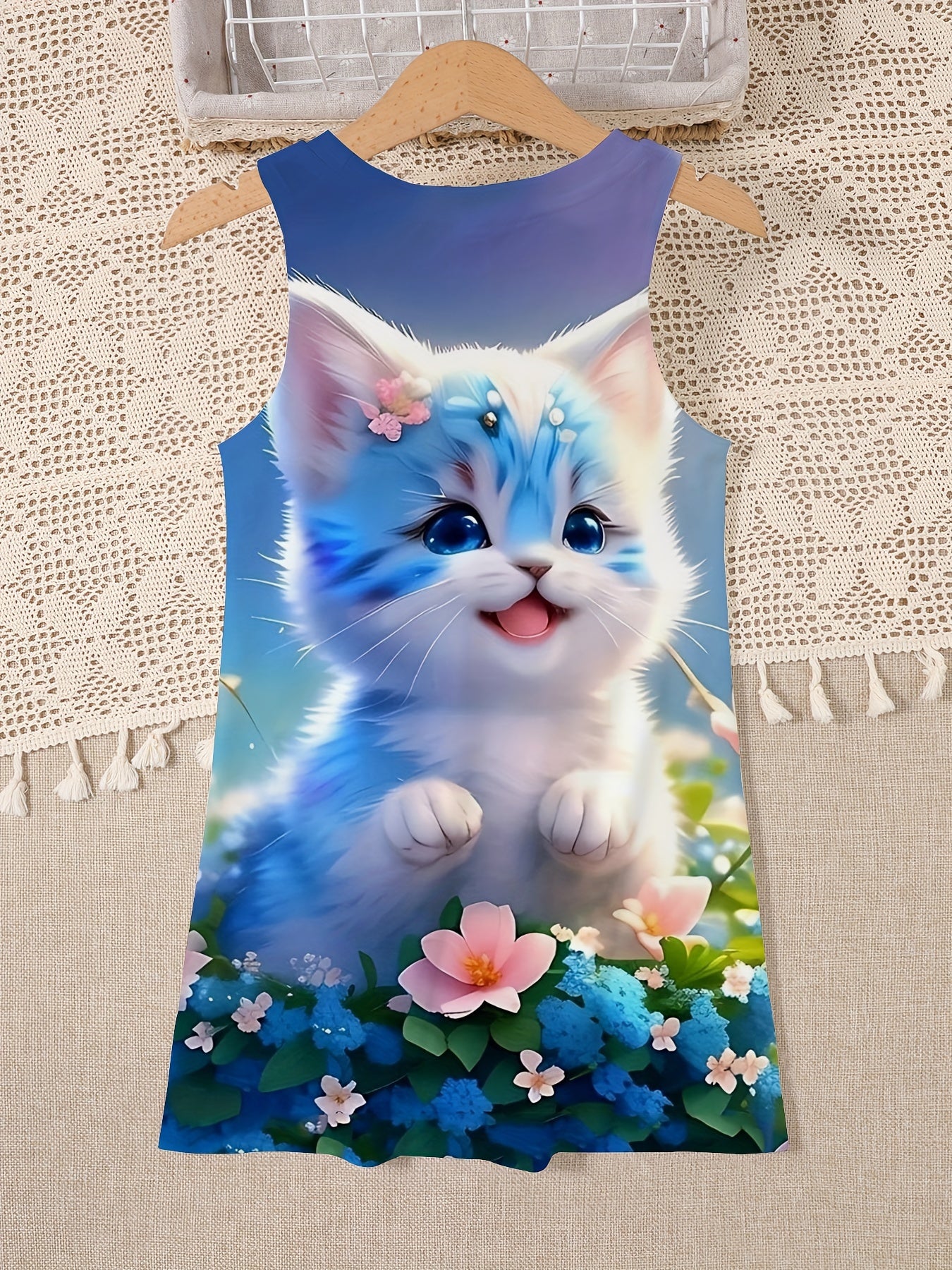 Sevimli Qizlar uchun Moviy Yengsiz Mushuk Libosi, Gullar Printi bilan, 100% Polyesterdan tayyorlangan. Yoshlar uchun tasodifiy yozgi kiyim, qulay to'qilgan.