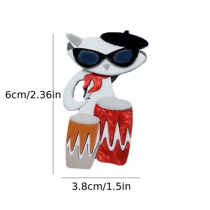 Unisex Cartoon Cat Drummer Brooch Pin Acrylic Irregular Shape Animal Music Badge Fashion Lapel Accessory