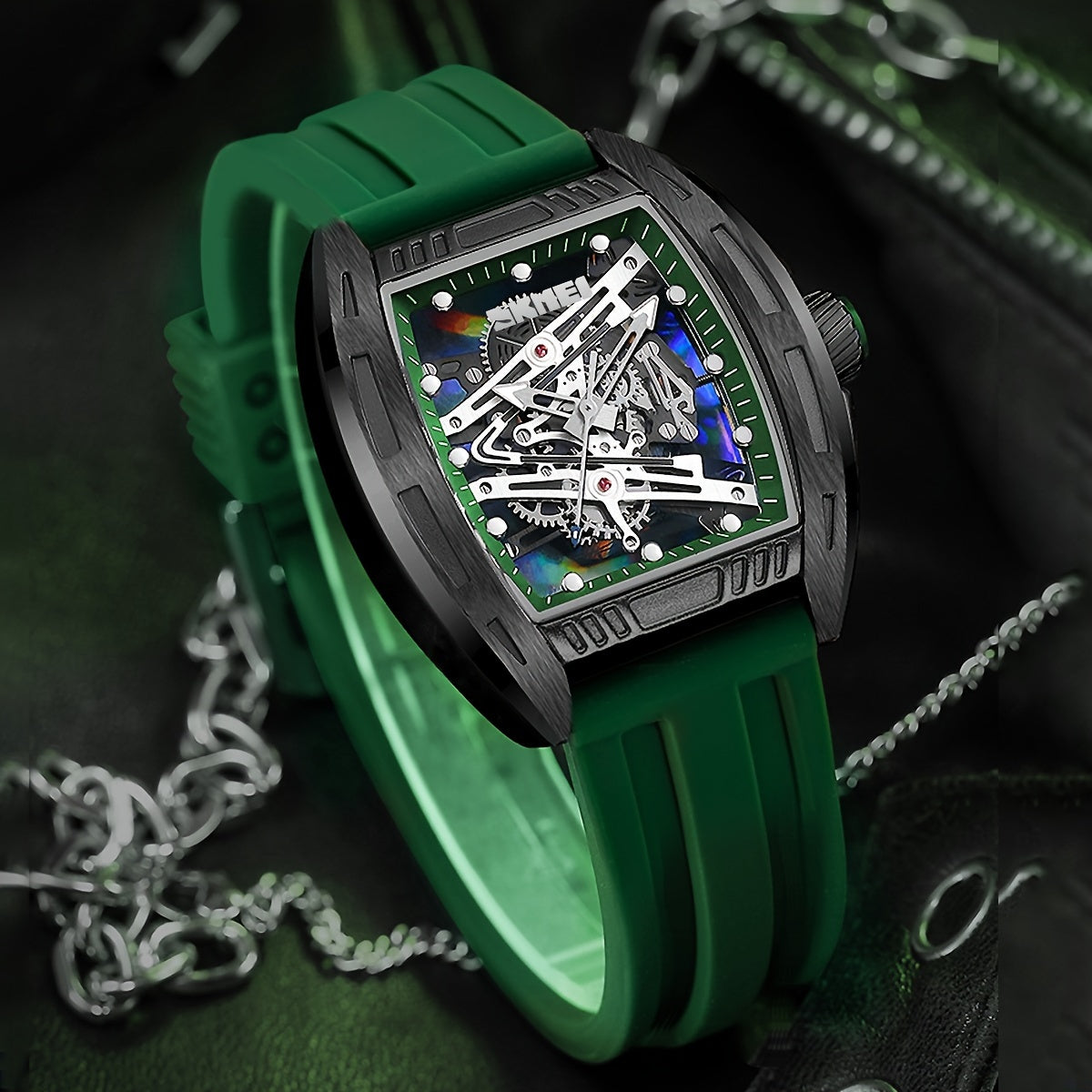 Reloj de cuarzo para hombre con esfera hueca, caja en forma de barril, resistente al agua, correa de silicona y luz nocturna