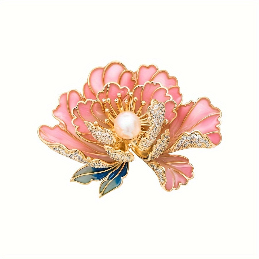Elegant Enamel Peony Brooch for Women Faux Pearl Floral Pin Accessory
