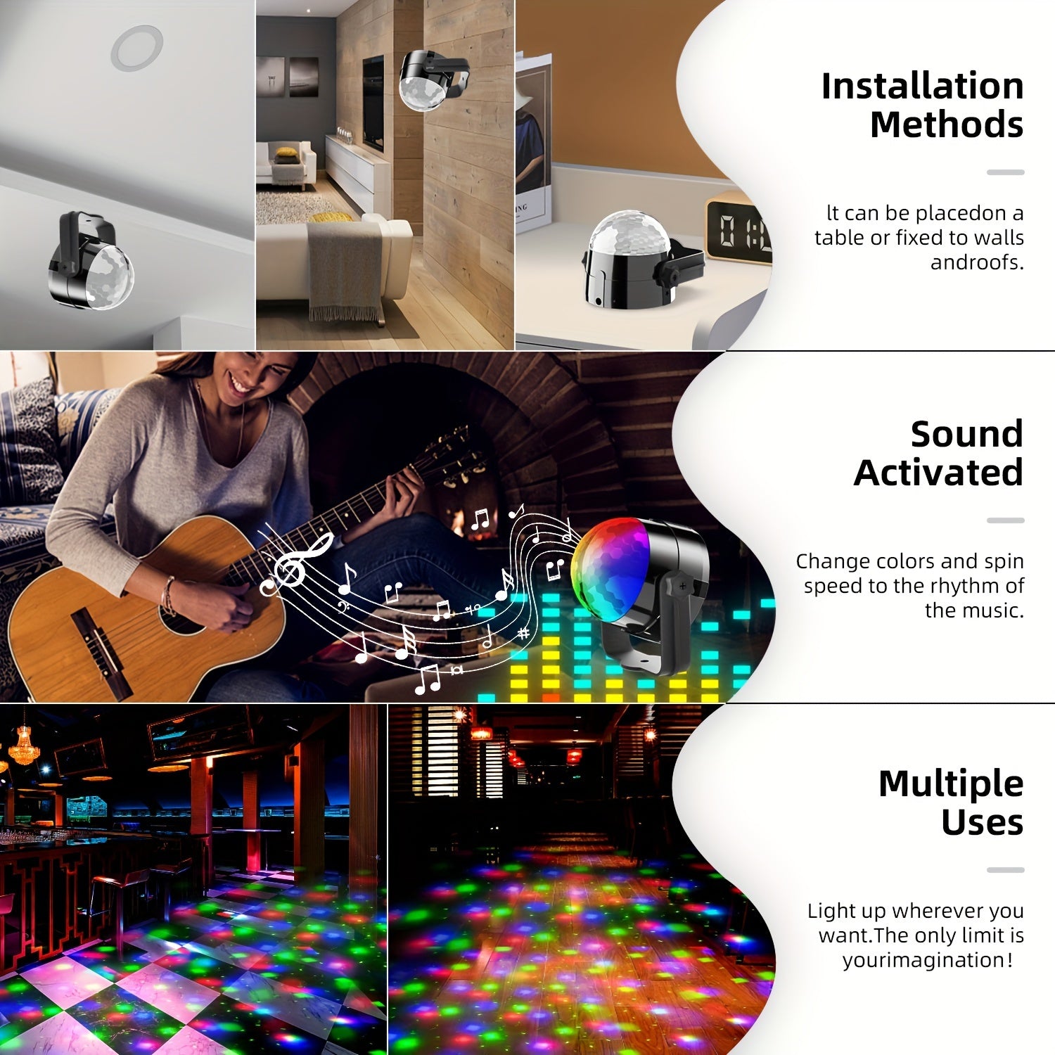 Luz de bola de discoteca LED de 7 colores, alimentada por USB, material ABS negro para fiestas y eventos