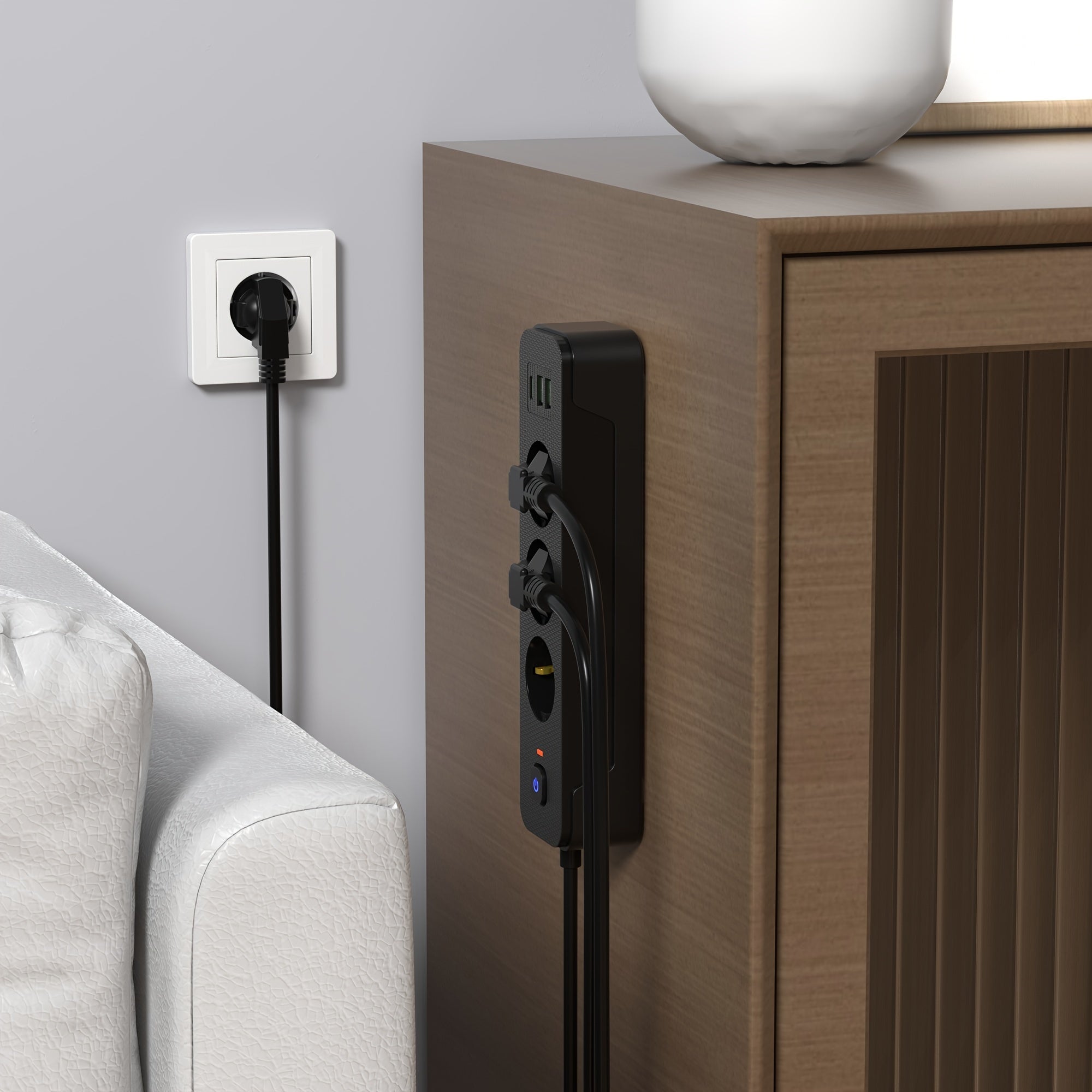 Europe Power Strip with 3/4/5 Sockets, 2m Extension Cord, Main Switch for Home Office Kitchen Garage Outdoors