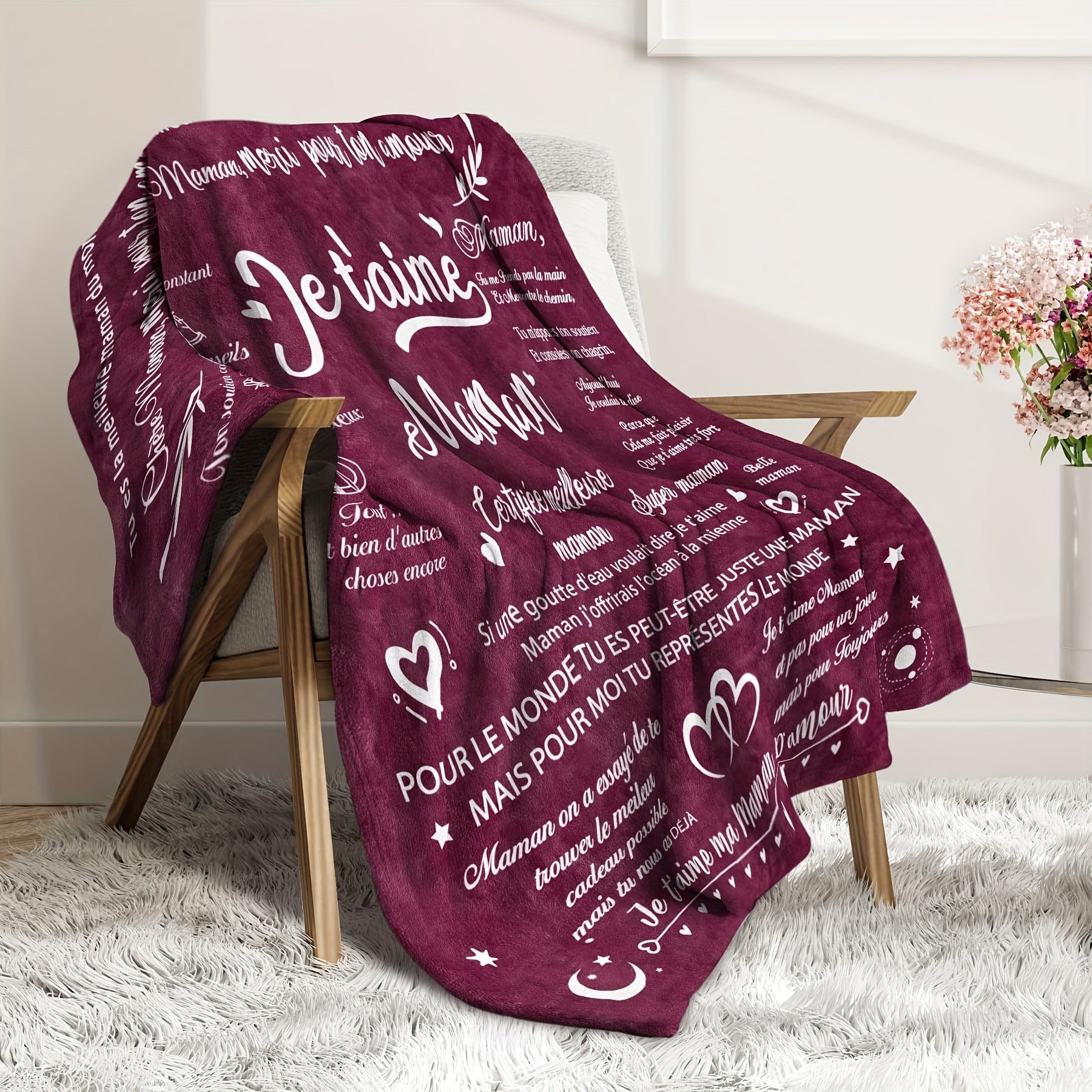 French Letter Printed Fleece Blanket for Mom Cozy Warm Gift