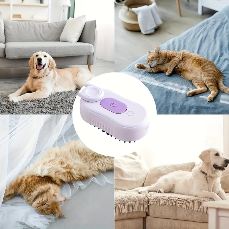 USB Rechargeable Steam Pet Grooming Brush with Silicone Bristles for Long and Short Hair