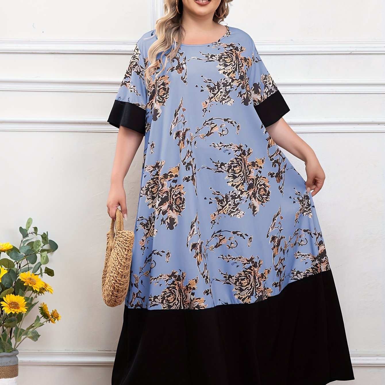 Plus Size Floral Print Dress Short Sleeve Crew Neck Longline Summer Women's Clothing