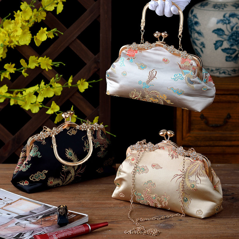 Bolso de mano de noche para mujer con adorno de cuentas, correa ajustable, estilo vintage, negro, oro, plata