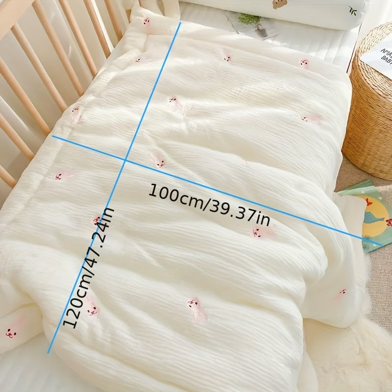 Kids' Soft Cream-Colored Quilt with Embroidered Bear and Rabbit for All Year Use