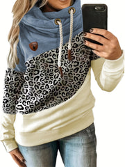 Plus Size Women's Colorblock Leopard Print Hoodie Long Sleeve Sweatshirt