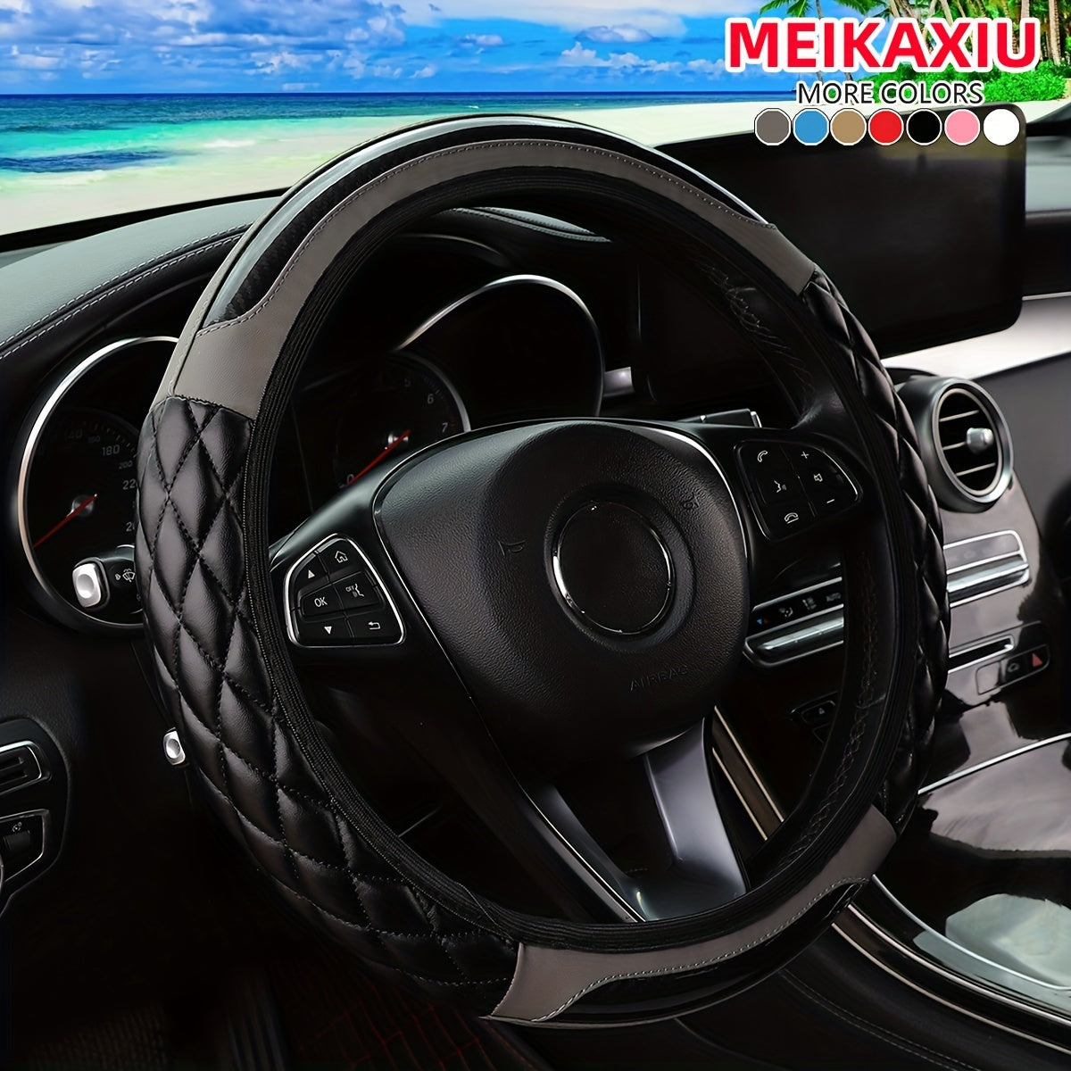 3D Embroidered Crystal Carbon Fiber Faux Leather Steering Wheel Cover Universal Fit 36.83-38.1 cm for Cars in 5 Colors