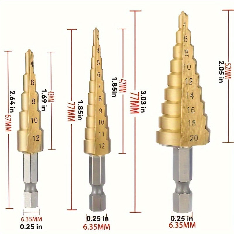 HSS Step Drill Bits Titanium Coated for Wood and Metal Precision Drilling Set of 3