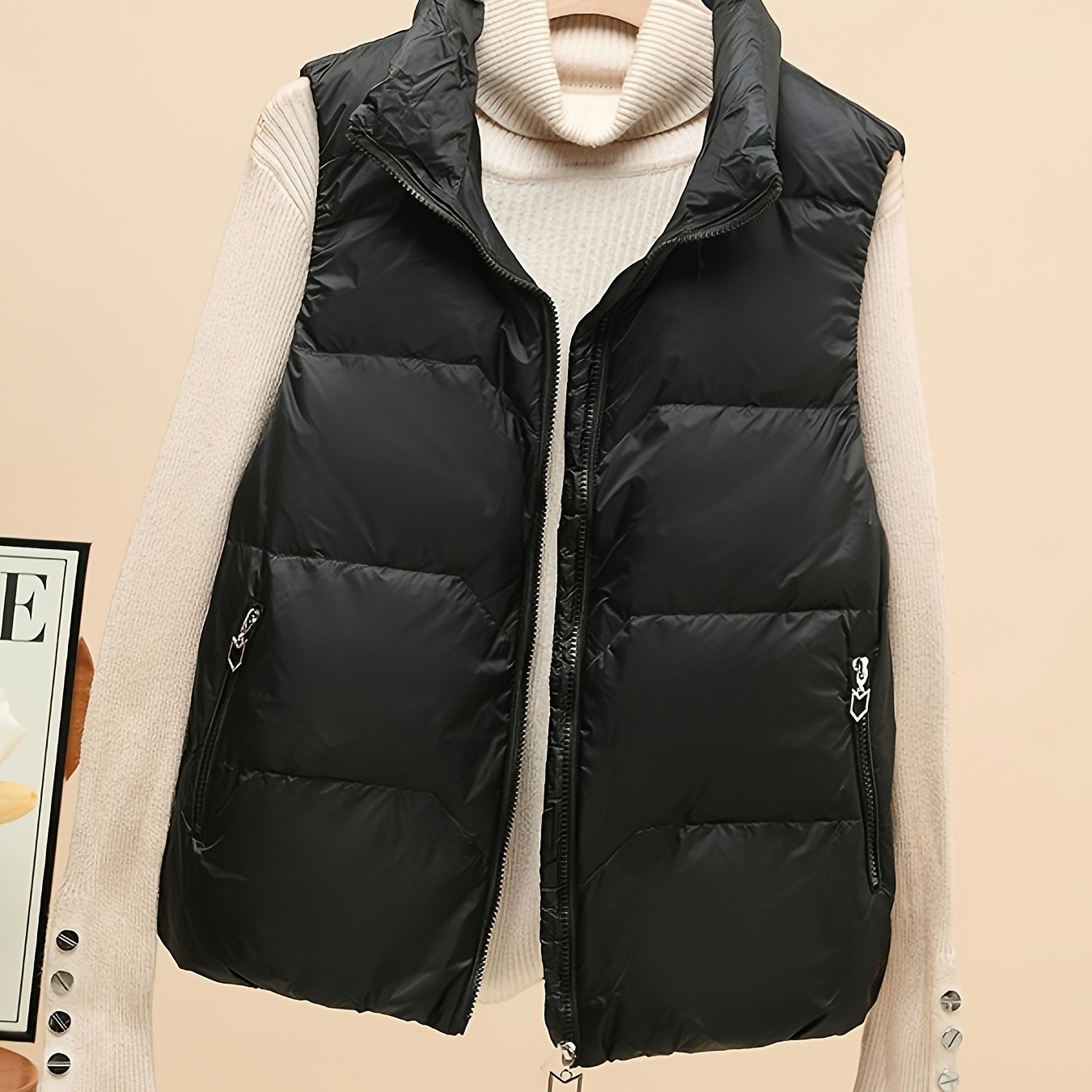 Women's Sleeveless Beige Puffer Vest with Side Pockets and Zipper for Fall Winter