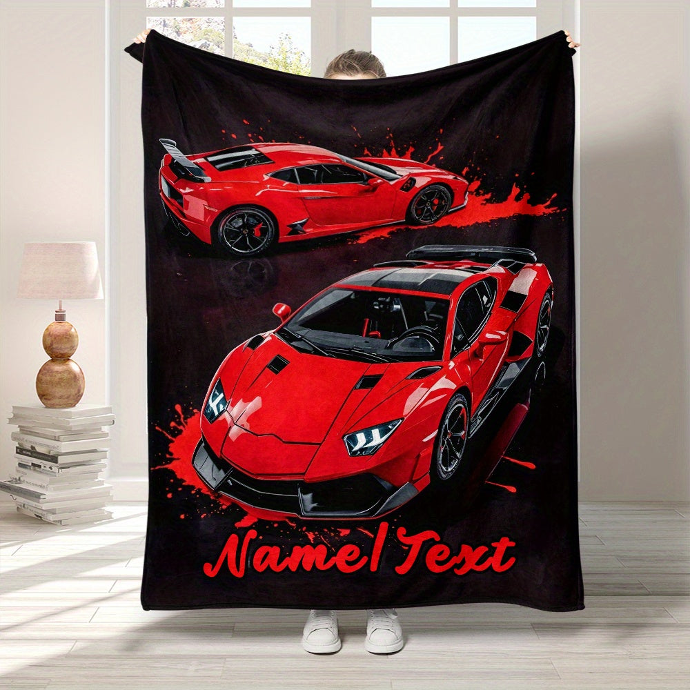 Red Sports Car Flannel Throw Blanket Personalizable Cozy Lightweight for Home Travel
