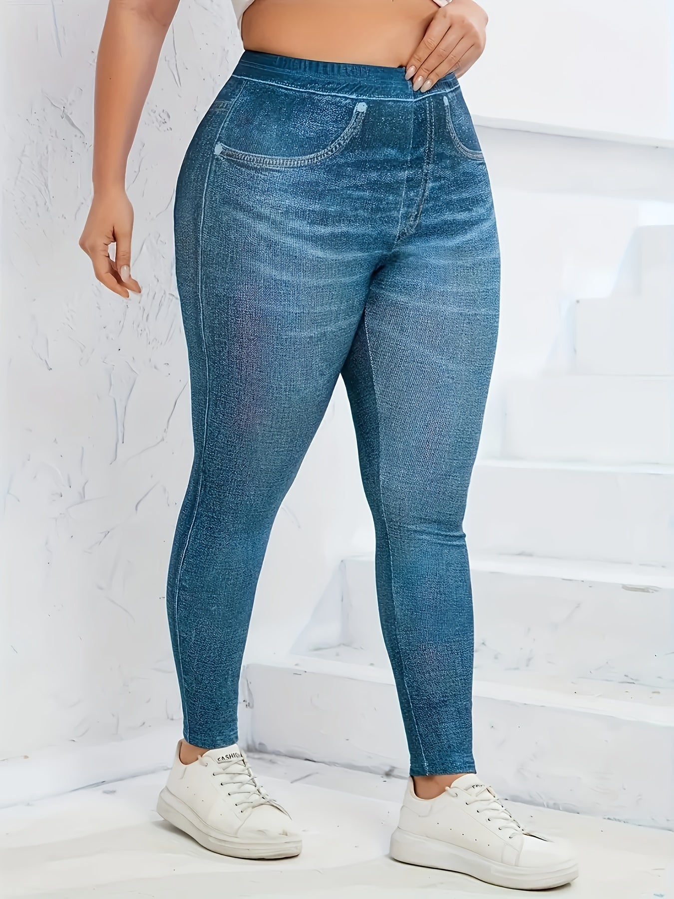 Women's Plus Size Sports Leggings Imitation Denim Blue High Waist Fitness Tights