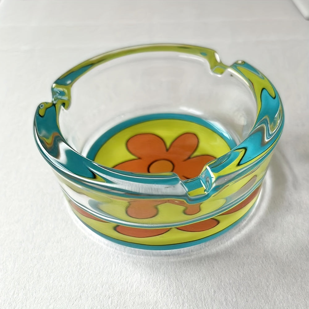 Unisex Glass Ashtray Round Flower Design 85mm Blue Yellow Orange Decoration