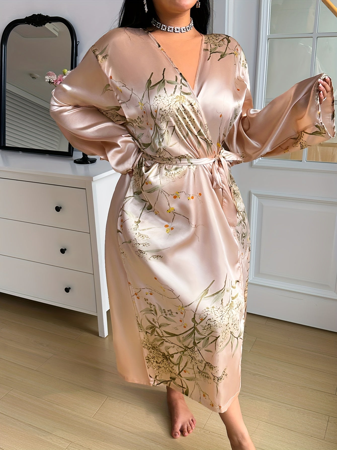 Plus Size Women's Satin-Like V-Neck Robe with Adjustable Waist Floral Print