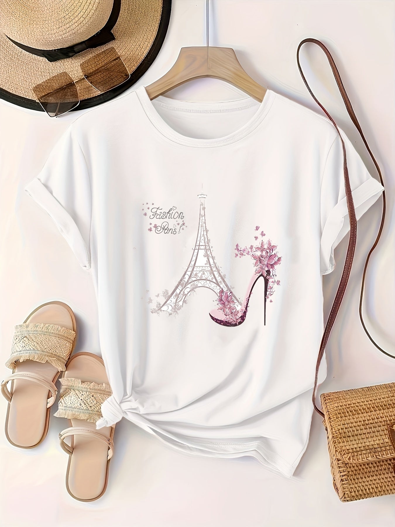 Plus Size Women's Eiffel Tower Print T-Shirt Black Polyester Casual Top