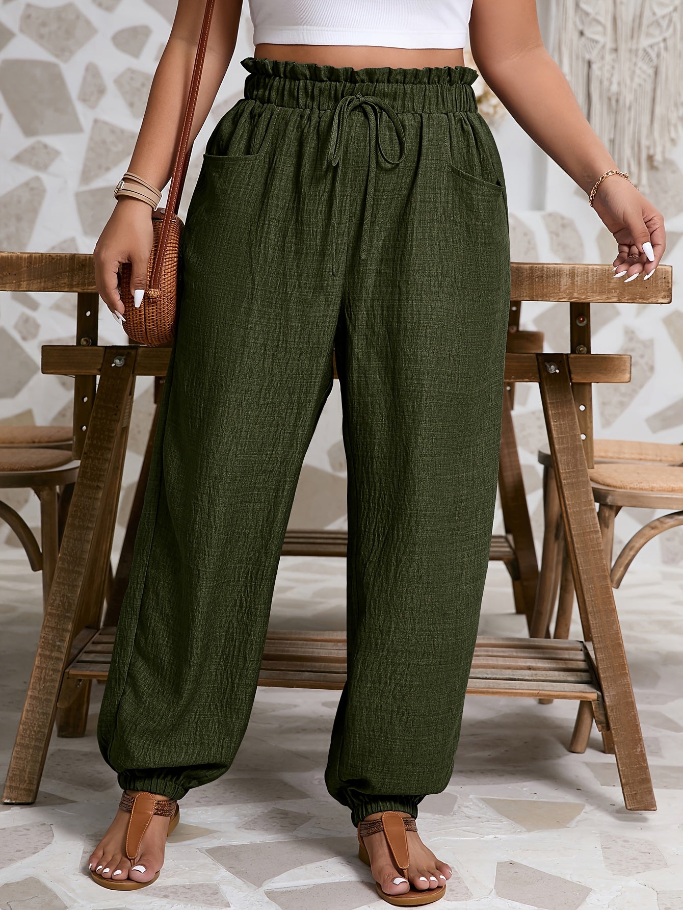 Women's Gray Harem Pants with Tie Waist and Ruffled Cuffs Polyester