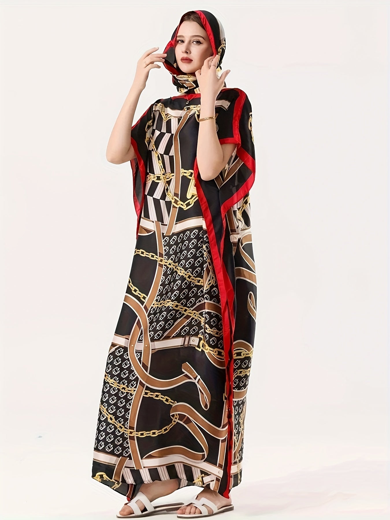 Women's Plus Size Geometric Chain Print Dress with Bat Sleeves and Scarf