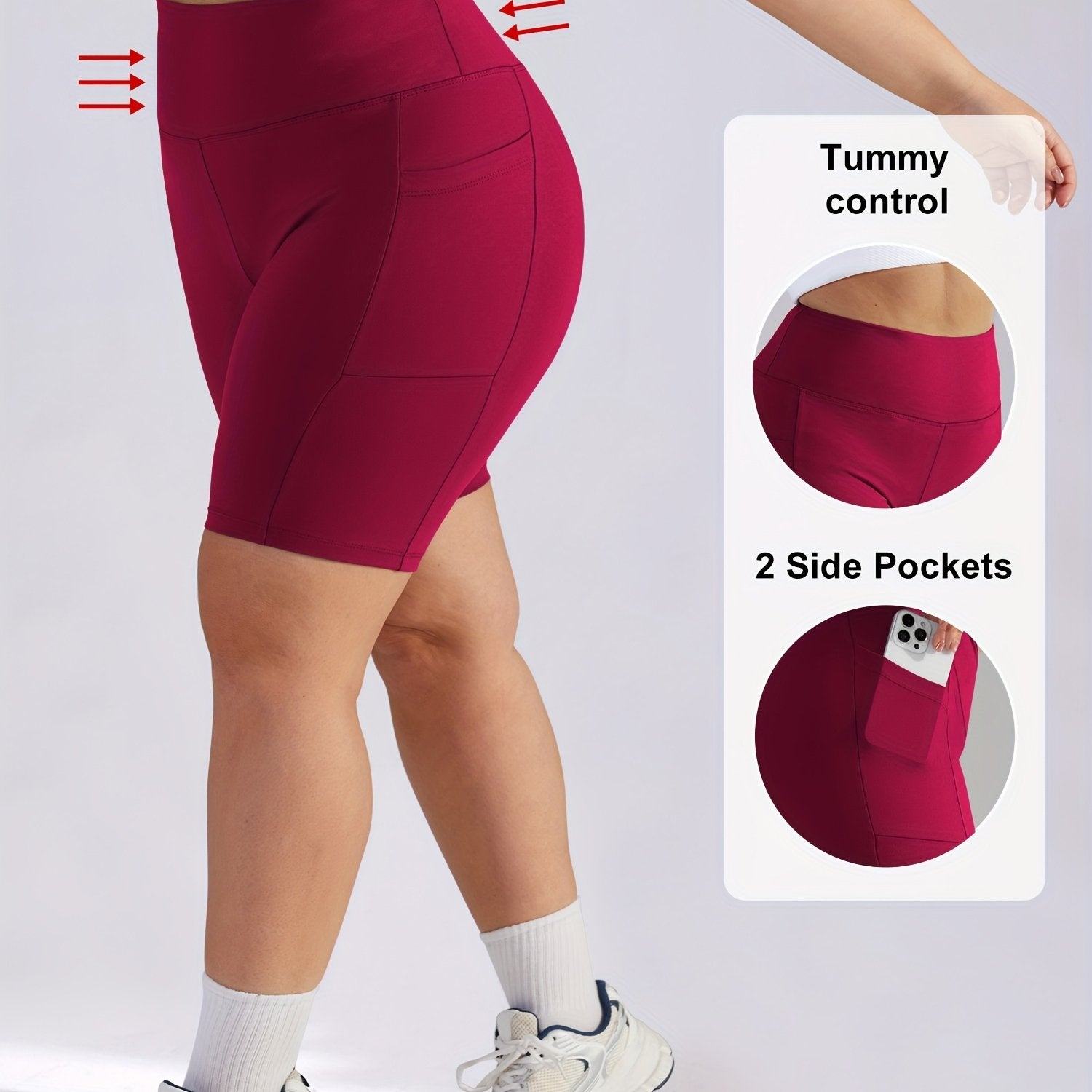 Plus Size Women's High-Waisted Tummy Control Workout Shorts with Pockets