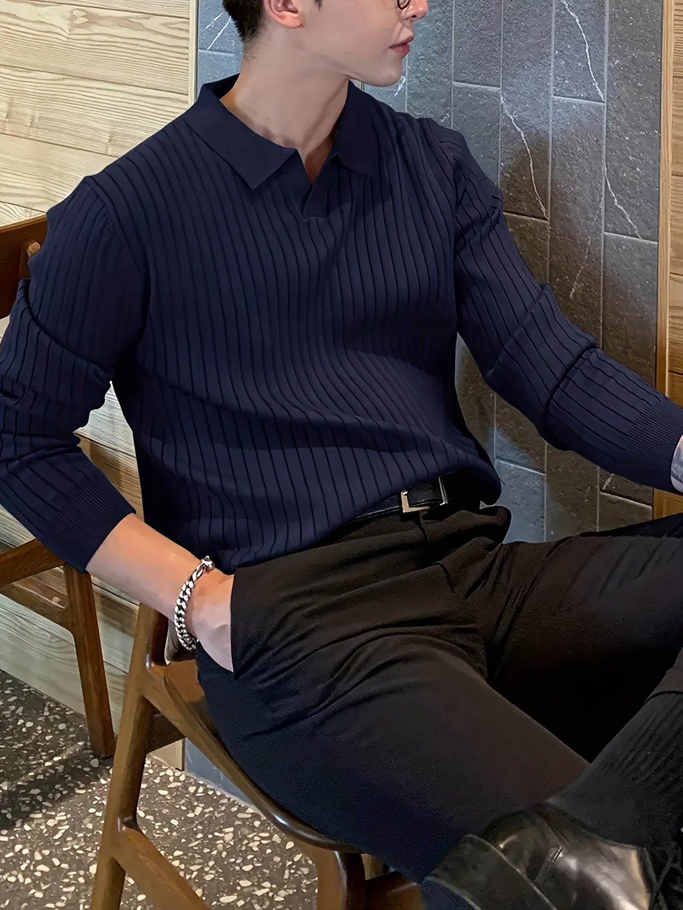 Suéter de cuello polo para hombre de corte regular, manga larga, color sólido, de rayón, para otoño y primavera