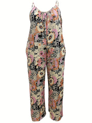 Plus Size Women's Floral Print Jumpsuit with Pockets for Summer Casual