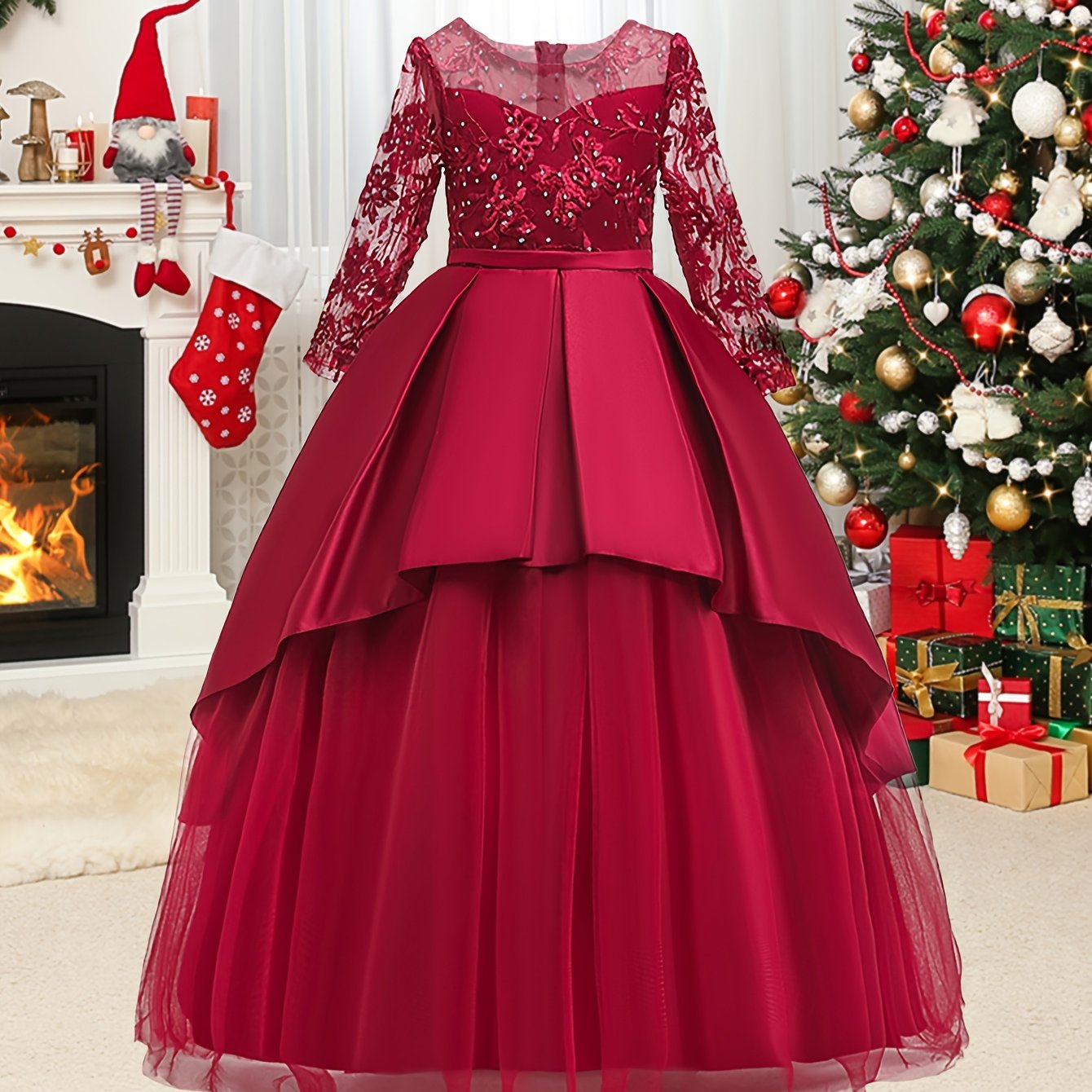Girls Long Sleeve Tulle Wedding Dress with Bow Crew Neck Fit and Flare All-Season Costume
