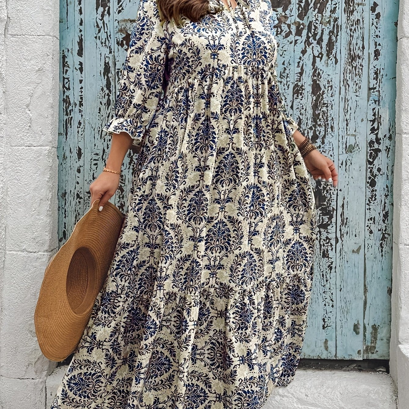 Vestido largo de talla grande con estampado étnico, con lazo en el cuello y mangas acampanadas para primavera y otoño