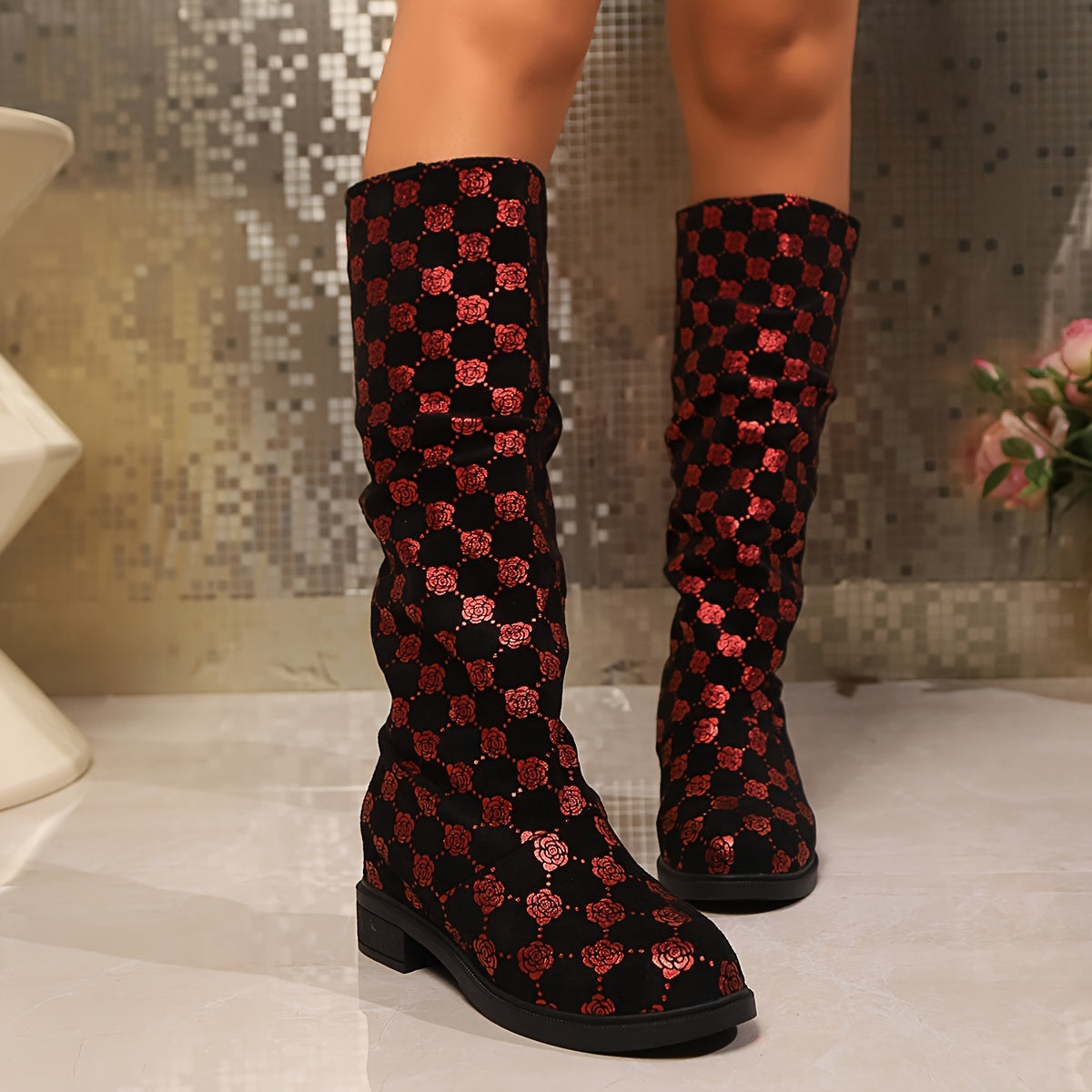 Women's Chunky Mid-Heel Slip-On Boots with Sequin Accents and Color-Block Design