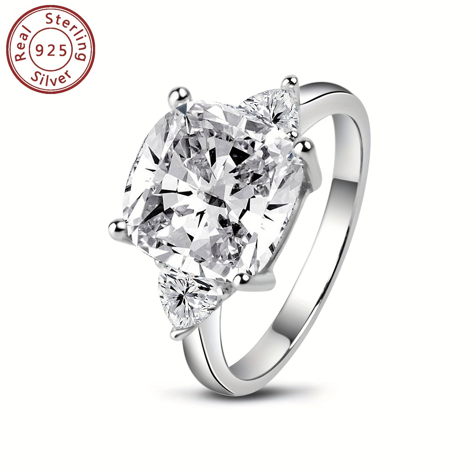 Sterling Silver Engagement Ring with 3-Stone Cubic Zirconia Square Triangle Design