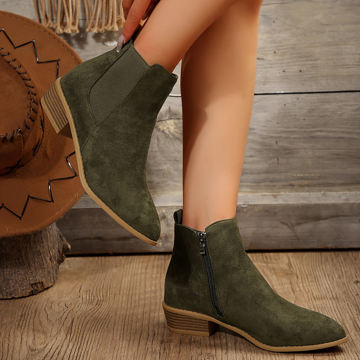 Women's Chelsea Boots Chunky Heel Side Zipper Stretch Fabric