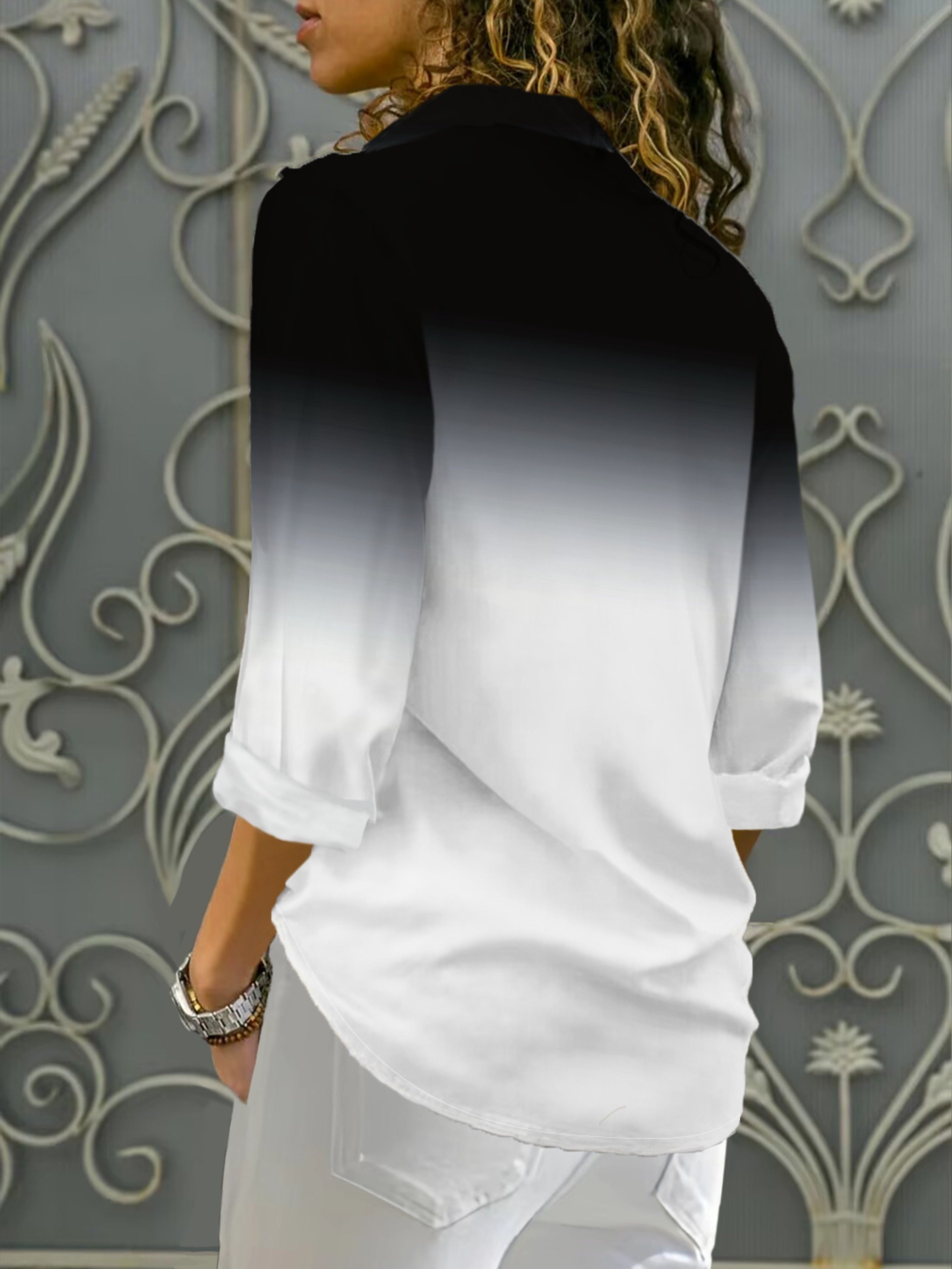 Women's Black and White Ombre Blouse with Lapel Collar and Flared Hem