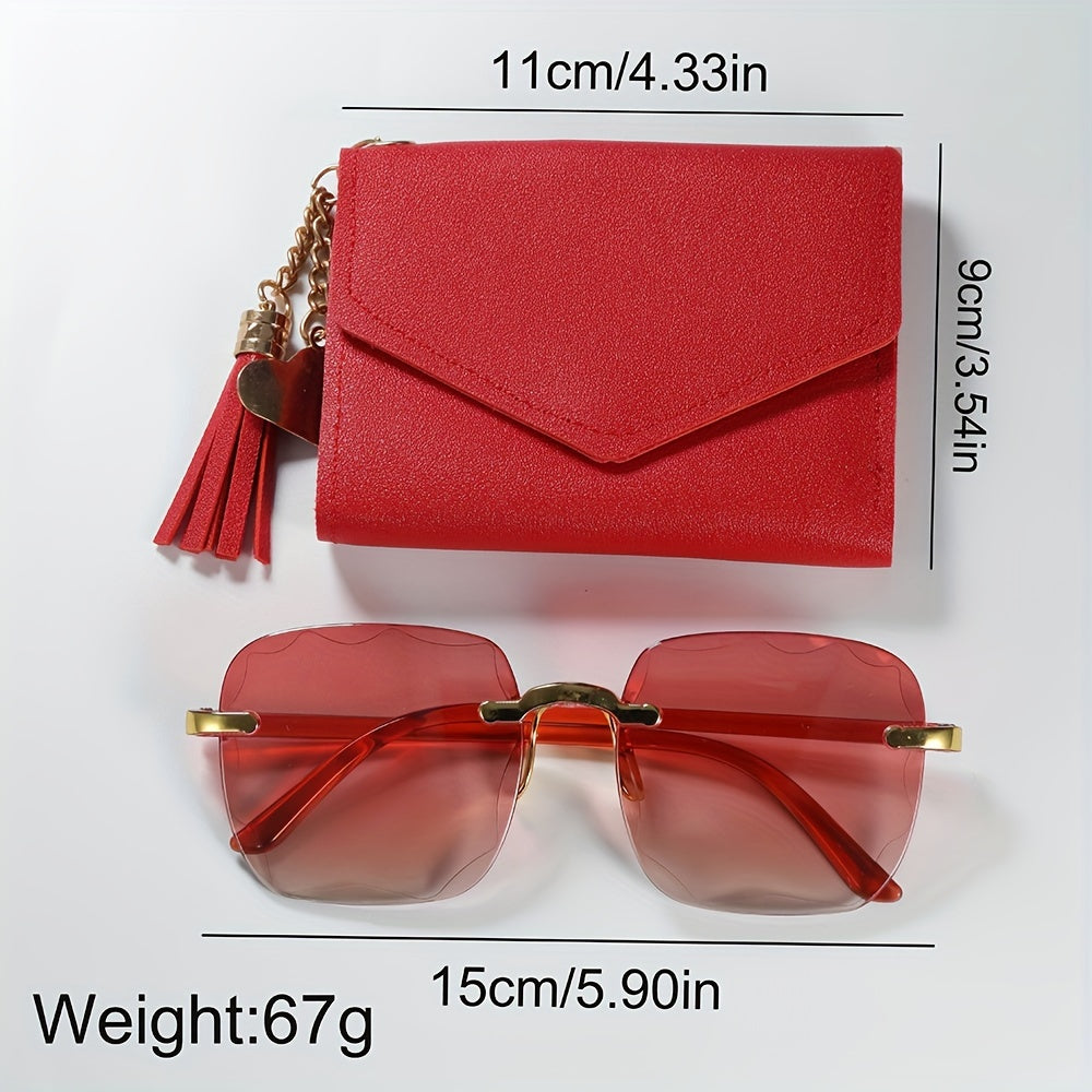 Women's Quartz Watch and Glasses Set Circular Analog Face Vegan Leather Strap Zinc Alloy Casing Tassel Wallet Gift