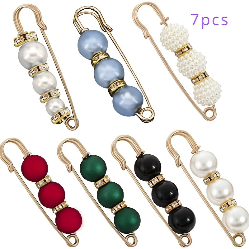 Ladies and Girls Imitation Pearl Brooch with 7-Piece Anti-Exposure Hat Clip Collar Pin