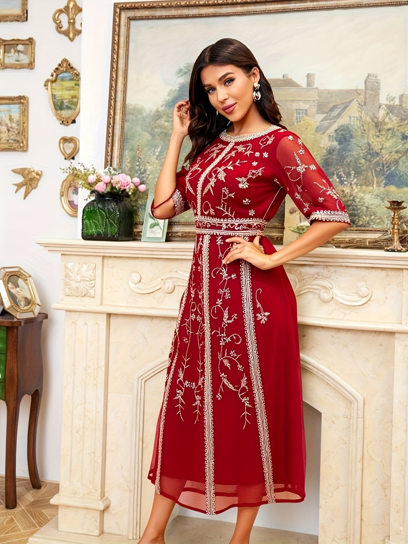 Women's Red Embroidered Sleeveless Dress with Geometric Pattern