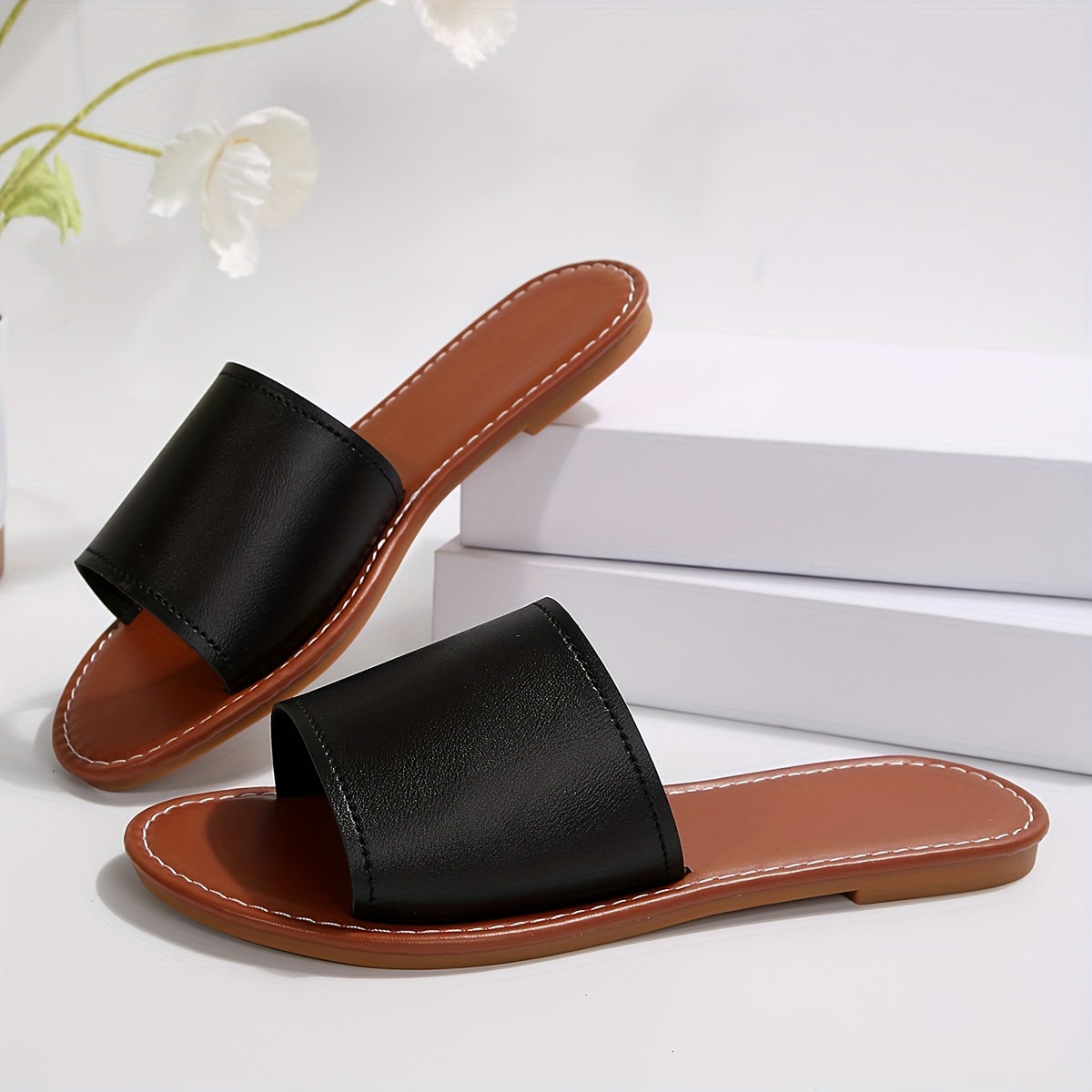 Women Flat Sandals Single Strap Black Summer Casual Flip Flops