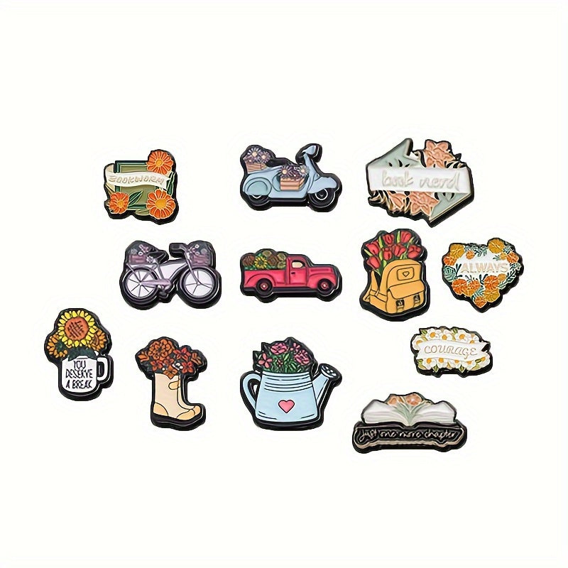 Set of 12 Floral and Green Plant Enamel Lapel Pins for Jackets and Bags