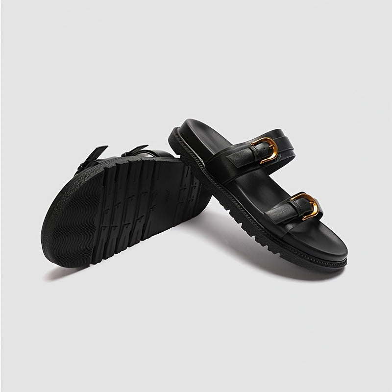 Women's Black Flat Sandals with Buckle Closure, Round Toe, Thick Sole
