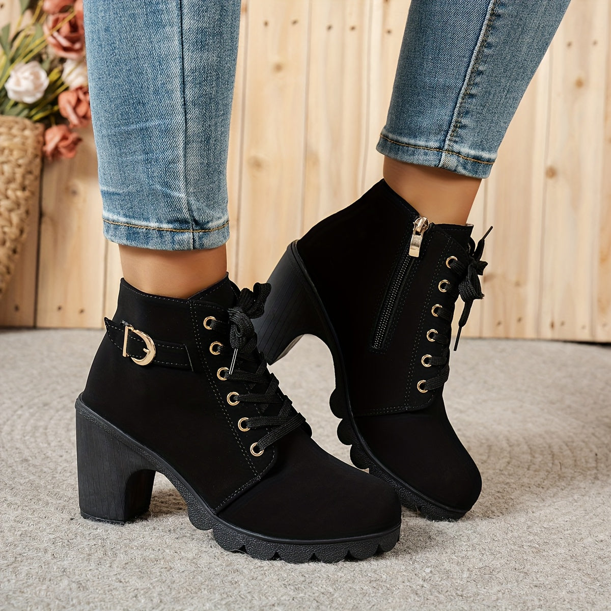 Women's Leather Ankle Boots with Side Zipper and Buckle for All Seasons