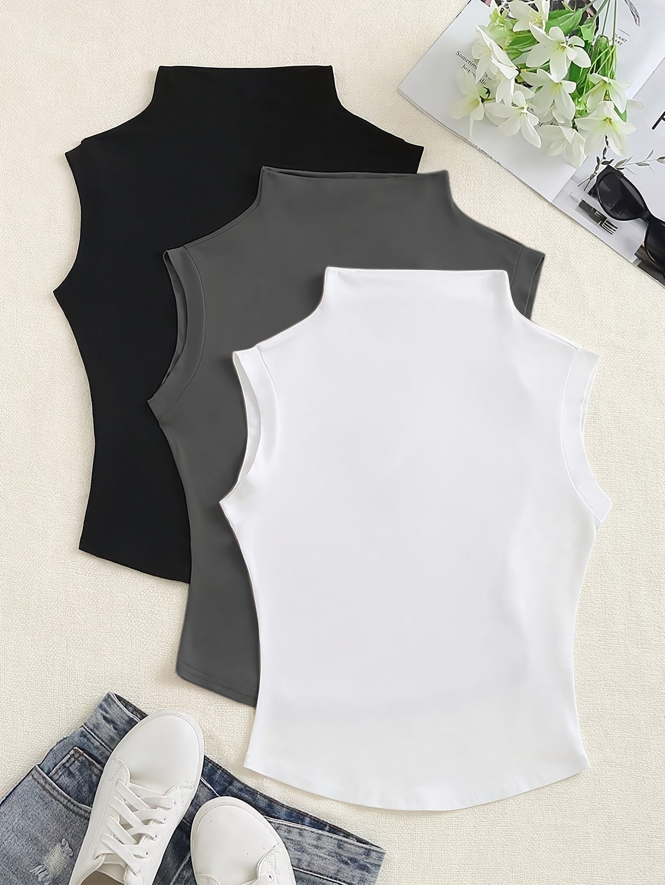 Women's Sleeveless Outfits Set with High Neck Collars, Solid Color, Micro Elasticity