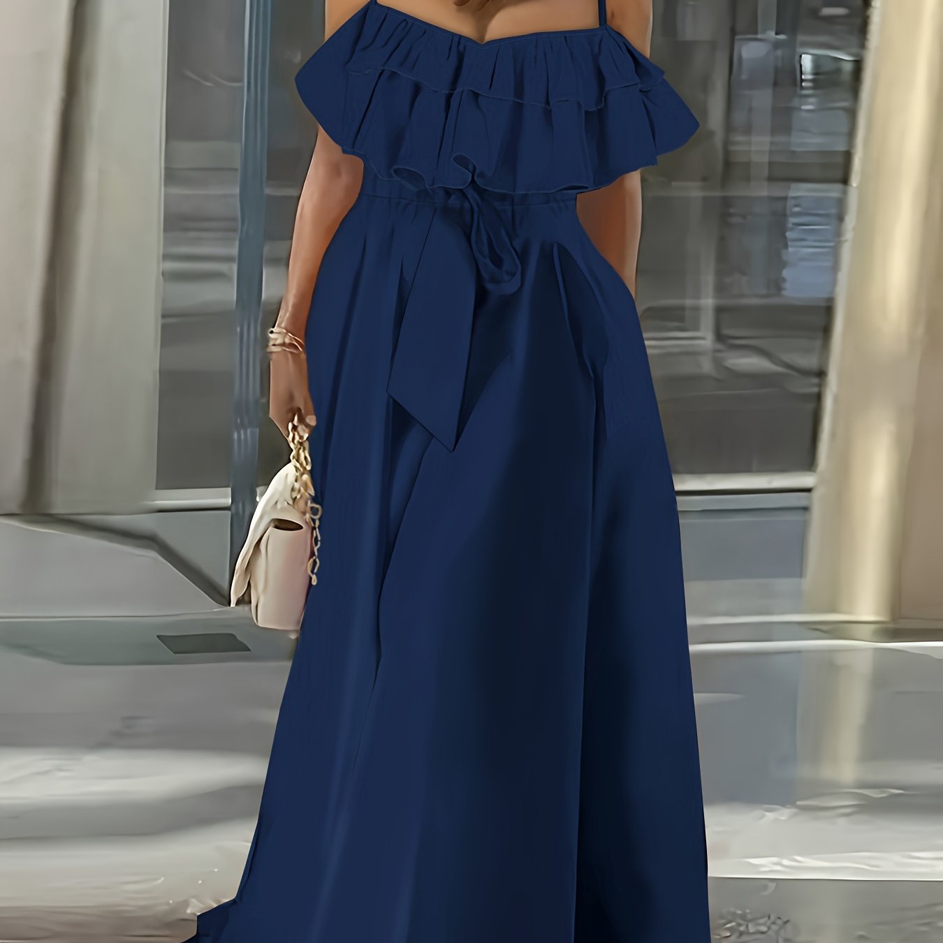 Women's Sleeveless Maxi Dress with Ruffle Trim and Tie Waist Polyester Elegant Spring Summer