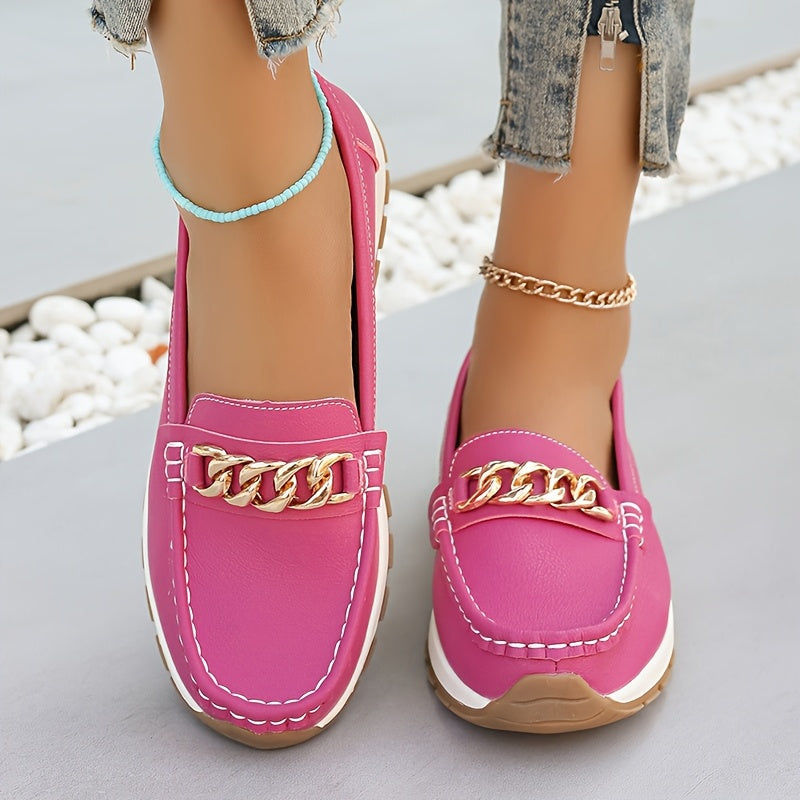 Women's Slip-On Loafers Faux Leather Flats with Metal Buckle in Beige Black Pink Green