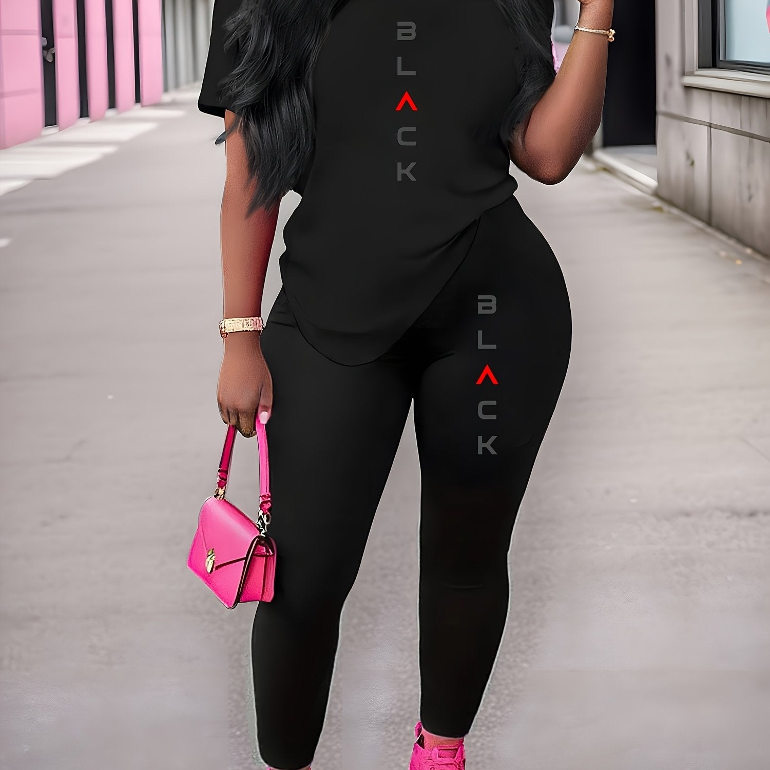 Women's Summer Sports Set Long Pants Short Sleeve Letter Print Elastic