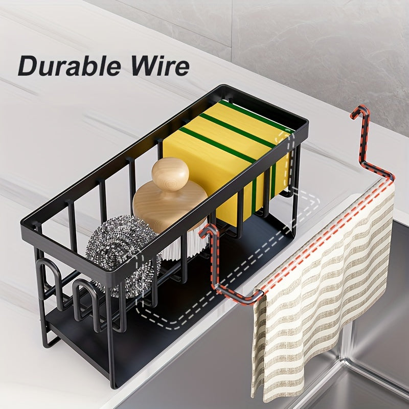 Black And White Kitchen Sink Organizer With Towel Rack And Accessories